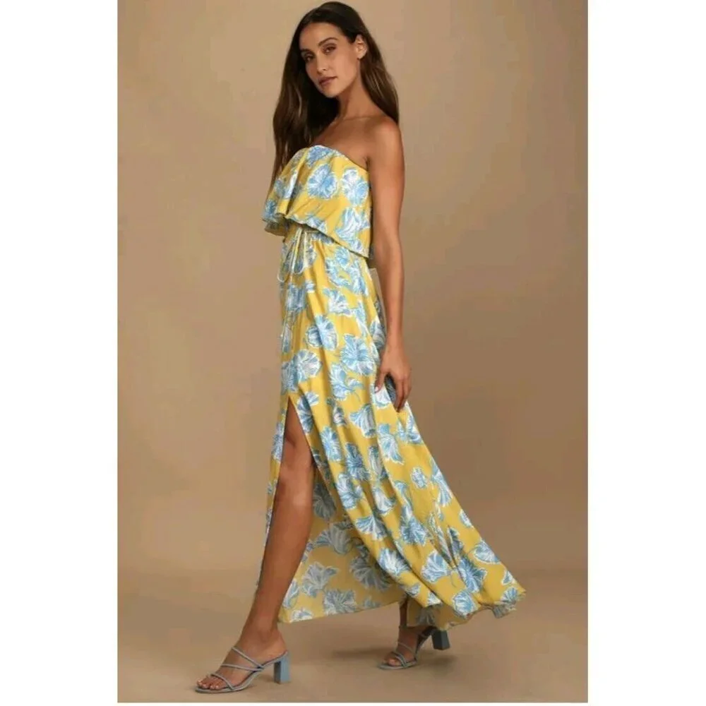 Lulus L Love Boldly Yellow Floral Print Strapless Maxi Dress High Slit Tropical - Picture 6 of 15